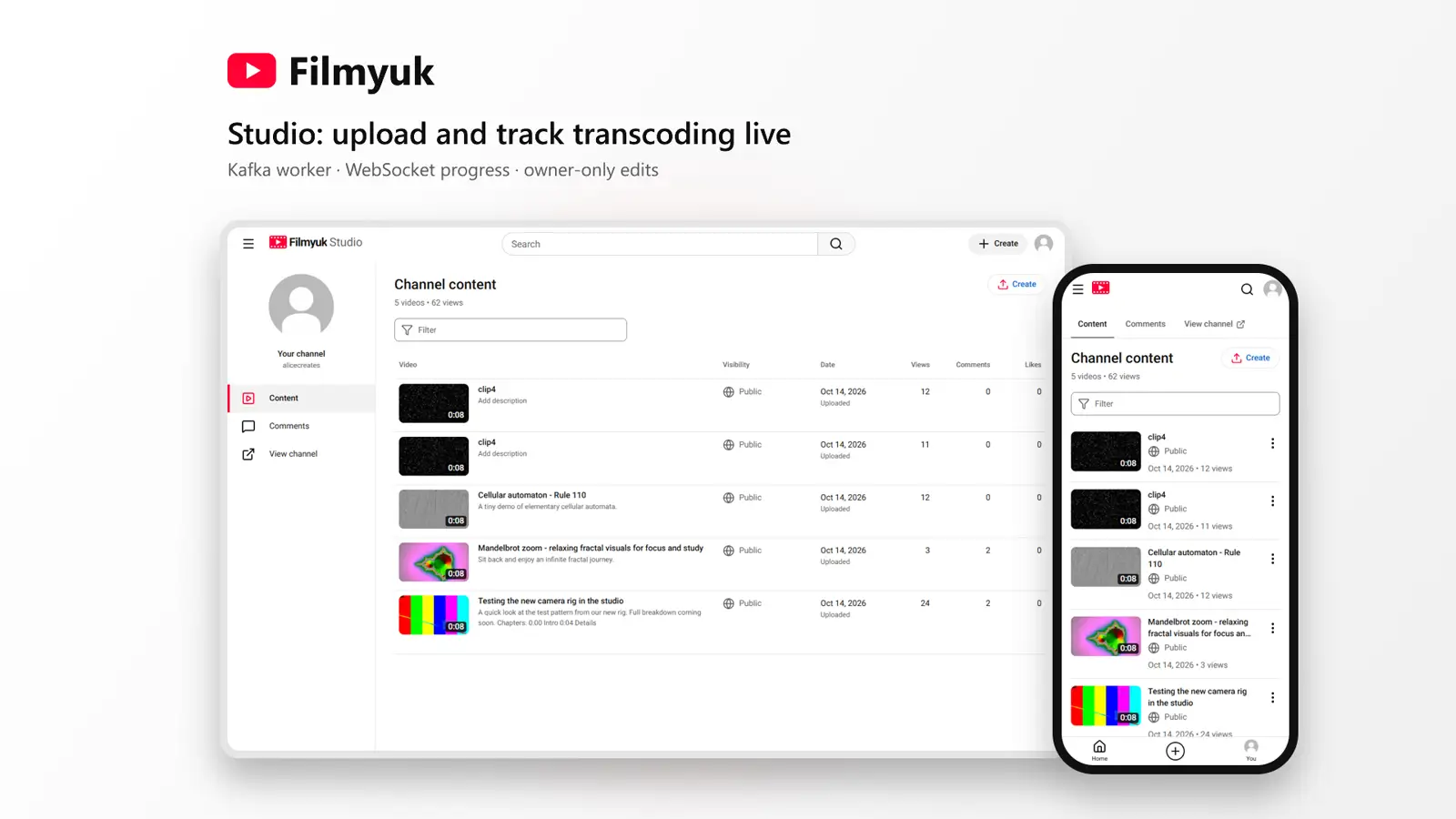 Filmyuk studio with live transcode progress